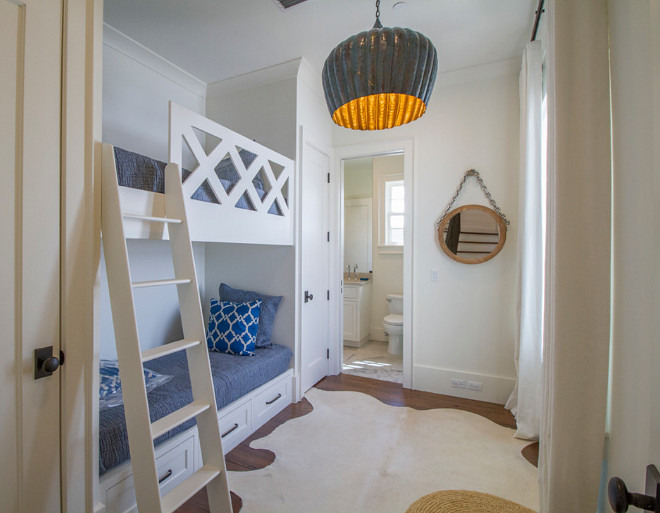 Bunk room. Bunk room with bathroom layout. The bunk room lighting is Arteriors Home, Granville Pendant. Bunk room Bathroom Ideas. #Bunkroom #bathroom bunk-room Geoff Chick & Associates