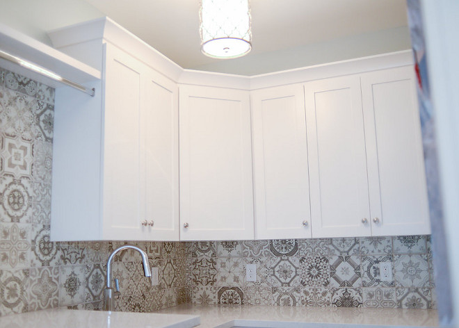 Cement tile backsplash. Laundry room cement tile backsplash. Backsplash tile is Marakesh 8x8, Gray, Matte. #cementtile Millhaven Homes