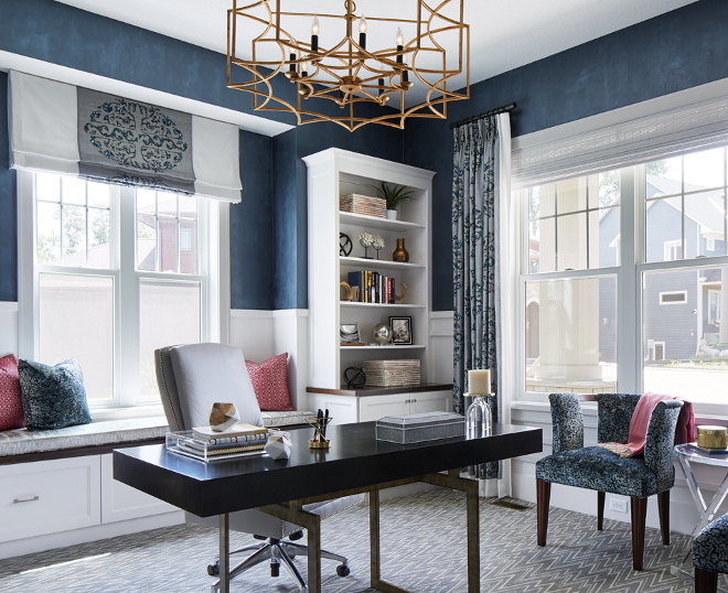 Brass lighting. Home office decor and lighting. Desk is Julian Chichester and the lounge chairs are Hickory Chair in Romo fabric. Brass lighting is Aidan Gray AG Hom Look #2 Chandelier, Gold Aidan Gray AG Hom Look #2 Chandelier, Gold. #AidanGray #AGHomLook2Chandelier #Gold Vivid Interior Design