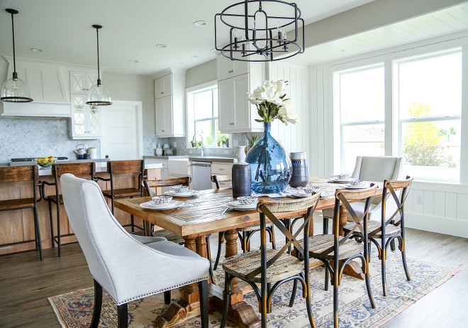 Farmhouse dining room lighting. Farmhouse dining room lighting is Savoy House Santina 5 Light Chandelier. #farmhouse #lighting #farmhouselighting #diningroom #farmhousediningroom Millhaven Homes