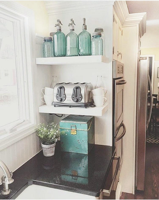 Farmhouse Kitchen. Farmhouse Kitchen with open selves installed on the side of cabinet. Farmhouse Kitchen. #FarmhouseKitchen farmhouse-kitchen mk_interiors_ via Instagram