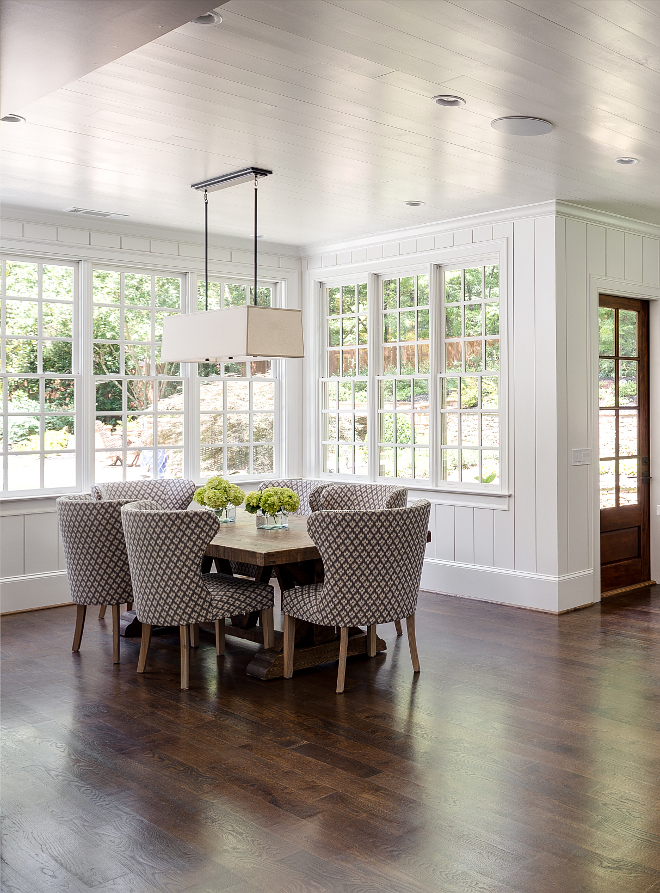 Kitchen nook flooring. Flooring. Kitchen and kitchen nook flooring. Kitchen and kitchen nook flooring is White Oak with a custom walnut stain. #kitchenflooring #kitchennook #flooring #hardwoodflooring #whiteoak #walnutstain Interiors by Courtney Dickey. Architecture by T.S. Adam Studio.