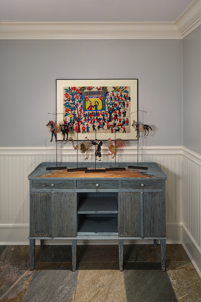 Four Hands distressed chest in patina blue adorning fun shadow puppets. Hall decor. Four Hands distressed chest in patina blue adorning fun shadow puppets. #FourHands #distressedchest #patinablue #hall W Design