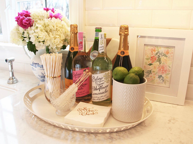 Kitchen tray. Countertop tray. Kitchen tray with beverages, fresh flowers and Etsy art. #Tray #kitchen #countertop Home Bunch's Beautiful Homes of Instagram peonypartydesigns