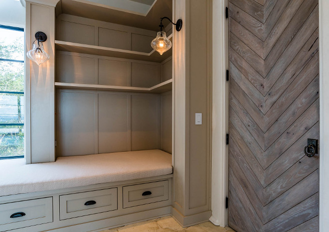 Mudroom Herringbone Door. Mudroom features custom inlaid, antique oak plank door. Mudroom features window seat cabinet, steel windows and herringbone wood door. Mudroom Herringbone Door. Mudroom Herringbone Door #Mudroom #HerringboneDoor mudroom-herringbone-door 1155 Bannerman