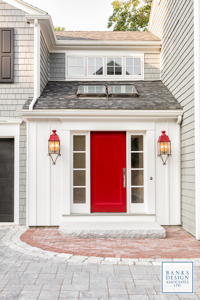 Benjamin Moore HC-181 Heritage Red. The front door is from Simpson Door Company, single raised panel painted red. The red door paint color is Benjamin Moore HC-181 Heritage Red. #BenjaminMooreHC181HeritageRed #Reddoor #paintcolor #redpaintcolor #redfrontdoor #redfrontdoorpaintcolor #reddoorpaintcolor Banks Design Associates, LTD & Simply Home