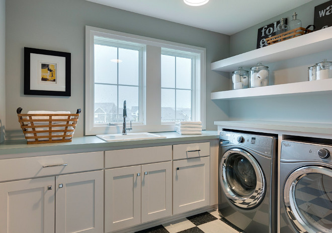 Sherwin Williams SW7649 Silverplate. Sherwin Williams SW7649 Silverplate Paint Color. The paint color in this laundry room is Sherwin Williams SW7649 Silverplate. It offers a great accent to the black & white checkerboard flooring! #SherwinWilliamsSW7649Silverplate #SherwinWilliamsSW7649 #SherwinWilliamsSilverplate sherwin-williams-sw7649-silverplate