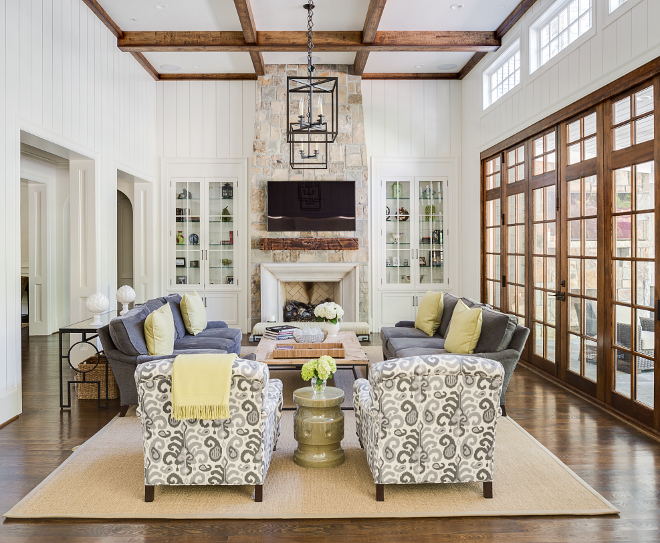 Shiplap. Shiplap living room with stone fireplace and beamed ceiling. Shiplap living room with stone fireplace and beamed ceiling Shiplap living room with stone fireplace and beamed ceiling #Shiplaplivingroom #livingroom #shiplap #stonefireplace #beamedceiling Interiors by Courtney Dickey. Architecture by T.S. Adam Studio.