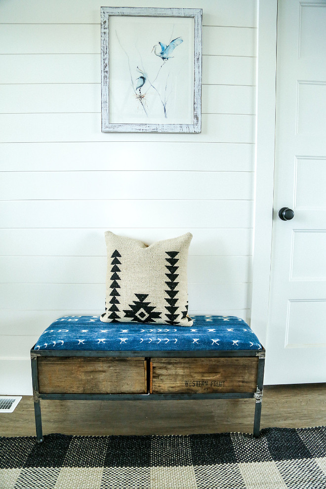 Foyer Bench. Farmhouse Foyer Bench. Shiplap farmhouse foyer with rustic farmhouse bench. #foyer #farmhousefoyer #rustci #rusticbench #bench Millhaven Homes