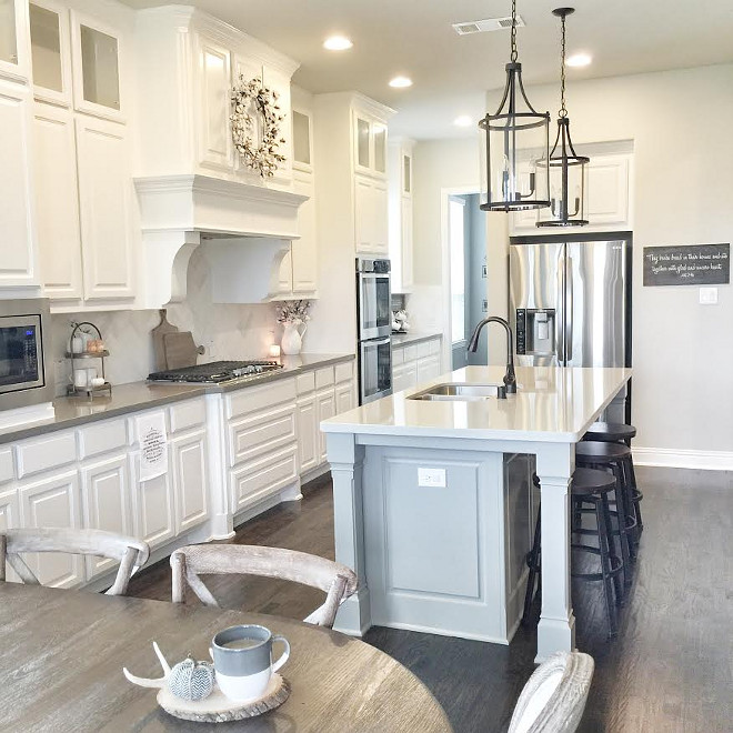 White farmhouse kitchen with soft grey island. White farmhouse kitchen. White farmhouse kitchen grey island. White farmhouse kitchen ideas #Whitefarmhousekitchen #farmhousekitchen #kitchen #farmhouse #greyisland Beautiful Homes of Instagram ceshome6 