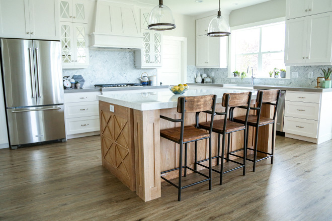 Kitchen Mullion Ideas. This stunning kitchen features X pattern on island end panels and mirror X’d pattern on cabinet doors by cooktop. #kitchen #mullion Millhaven Homes