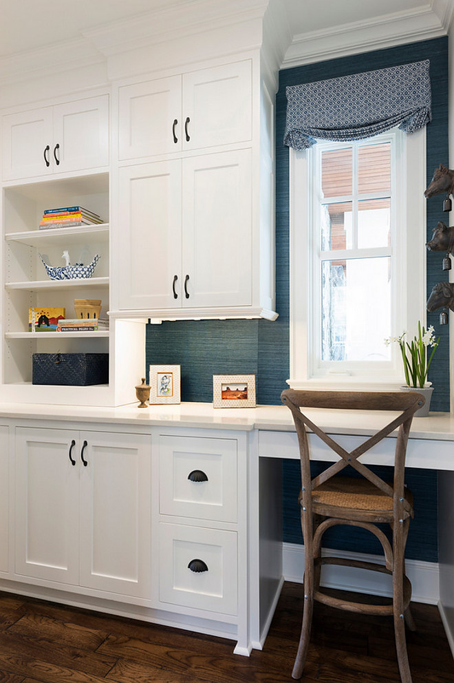 Butlers Pantry with Built in Desk. Just off the kitchen, a butler's pantry features a built-in desk. Countertops are Silestone Daria. #Pantry #butlerspantry #SilestoneDaria #countertop #quartz Stonewood LLC. Studio M Interiors. Spacecrafting Photography.