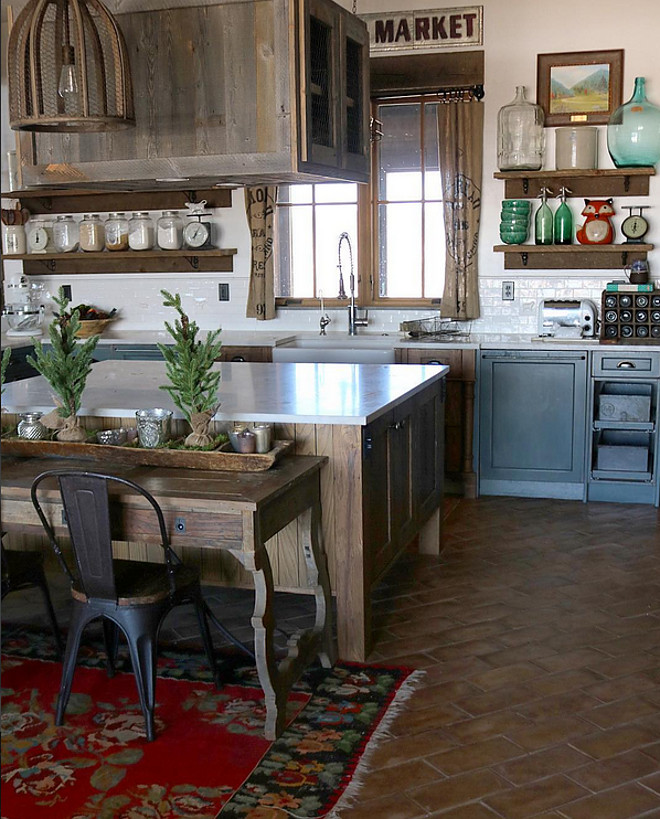 Christmas kitchen ideas. Natural mini pine trees wrapped in burlap in a rustic antique dough bowl add a Christmassy feel to the kitchen. #Kitchen #Chrsitmas Home Bunch's Beautiful Homes of Instagram @birdie_farm