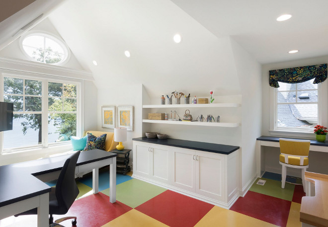 Craft room flooring. Durable craft room flooring. The flooring in the craft room reminds me of an antique quilt. Floor is Zandur Cork Rubber Flooring, 4 Colors. #craftroom #flooring Stonewood LLC. Studio M Interiors. Spacecrafting Photography