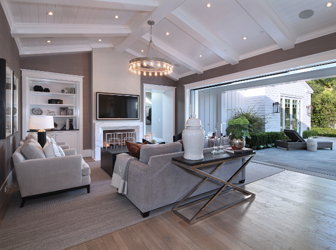 Family room. Family room. Vaulted ceiling Family room with shiplap. The vaulted ceiling with shiplap brings a coastal feel to this ranch style home. Notice how this room opens to the outdoor area. Family room #Familyroom #vaultedceiling #shiplap Brandon Architects, Inc