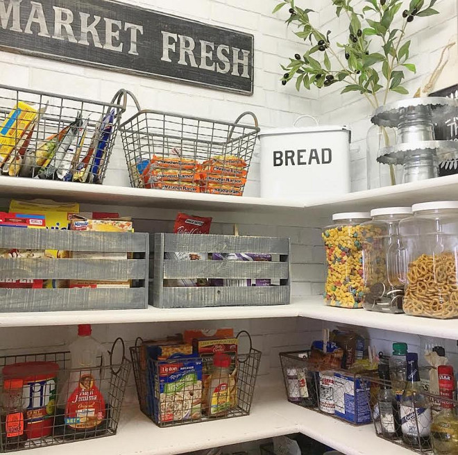 Farmhouse Pantry. Farmhouse Kitchen Pantry. Farmhouse pantry features Faux brick walls. Farmhouse Kitchen Pantry #FarmhouseKitchenPantry #FarmhousePantry #Farmhouse #Pantry Aly McDaniel via Instagram @thedowntownaly