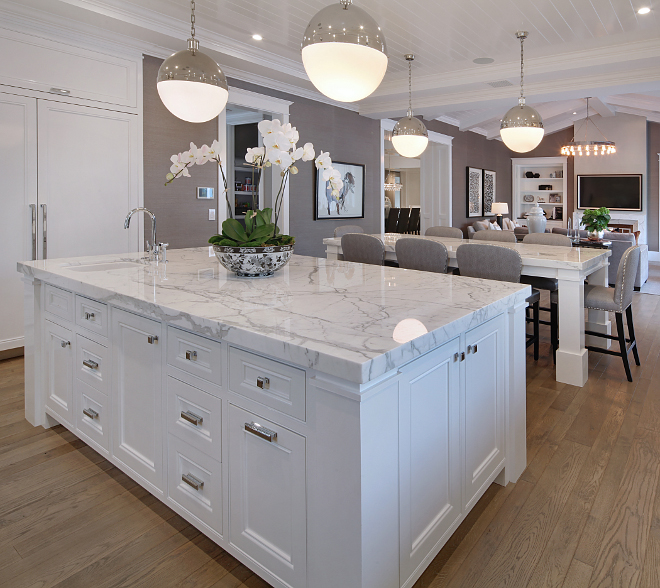 Kitchen island design. Countertop is Statuario Marble. Hardware is Restoration Hardware, Strande Pull & Knob. Kitchen island design. Statuario Marble. Countertop is Statuario Marble. Kitchen island design #Kitchenislanddesign #StatuarioMarble Brandon Architects, Inc