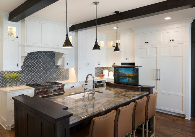 Kitchen island. Dark stained island. Island Cabinets: Rift Red Oak- Pepper Corn, Custom Stain. #Kitchenisland #darkisland Stonewood LLC. Studio M Interiors. Spacecrafting Photography