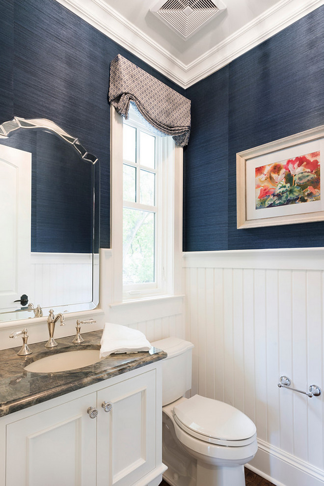 Powder room Wainscotting. Isn't this powder room inspiring? I love the classic white beadboard wainscotting against the navy walls. Powder room Wainscotting. Powder room Wainscotting Ideas. Powder room beadboard Wainscotting #PowderroombeadboardWainscotting #PowderroomWainscotting #beadboardWainscotting #beadboard #Wainscotting Stonewood LLC. Studio M Interiors. Spacecrafting Photography