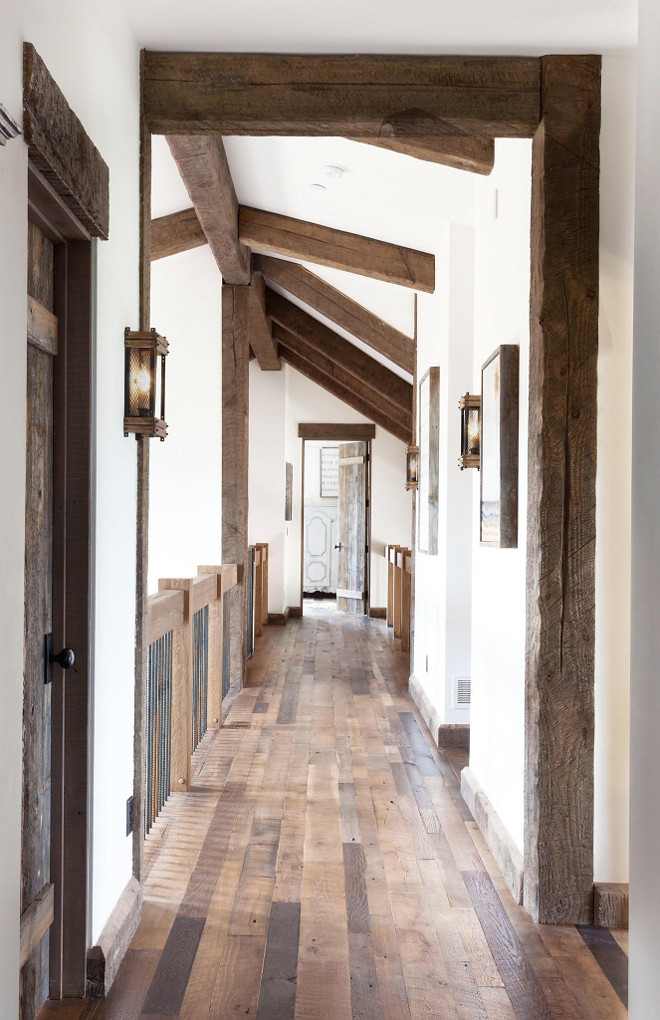 Reclaimed oak wood floors. The wood floors are antique reclaimed oak, with a water based finish.The product in this house has an original face on it - not sanded, which keeps the antique reclaimed wood floors looking very rustic. The water based finish keeps the coloring more brown than orange. Reclaimed oak wood floors #Reclaimedoakwoodfloors #oakwoodfloors Home Bunch's Beautiful Homes of Instagram @birdie_farm