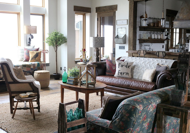 Rustic farmhouse living room. Rustic farmhouse living room furniture Floral sofa: Rachel Ashwell. Leather Sofa: Anthropologie. Found antique tea table/coffee table. #Rusticfarmhouselivingroom #RusticfarmhouselivingroomFurniture #farmhouselivingroomFurniture #livingroomFurniture Home Bunch's Beautiful Homes of Instagram @birdie_farm