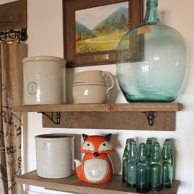 Reclaimed Oak Shelf. Open shelves in reclaimed oak and antique iron brackets allow for casual and "at your fingertips" storage. Reclaimed Oak Shelves. Reclaimed Oak Kitchen Shelves. Rustic Kitchen. Rustic Kitchen Reclaimed Oak Shelf. Reclaimed Oak Shelves. Reclaimed Oak Kitchen Shelves. #RusticKitchen #ReclaimedOakShelf #ReclaimedOak #OpenShelves Home Bunch's Beautiful Homes of Instagram @birdie_farm