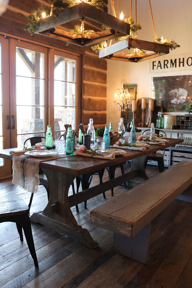 Rustic Dining Room. Rustic dining room lighting. Rustic Dining Room Farmhouse Table. Rustic Dining Room Farmhouse Bench. Rustic Dining Room Flooring #RusticDiningRoom #Rusticdiningroomlighting#RusticdiningroomFarmhouseTable #RusticdiningroomTable #RusticdiningroomFarmhouseBench #RusticdiningroomFlooring Home Bunch's Beautiful Homes of Instagram @birdie_farm