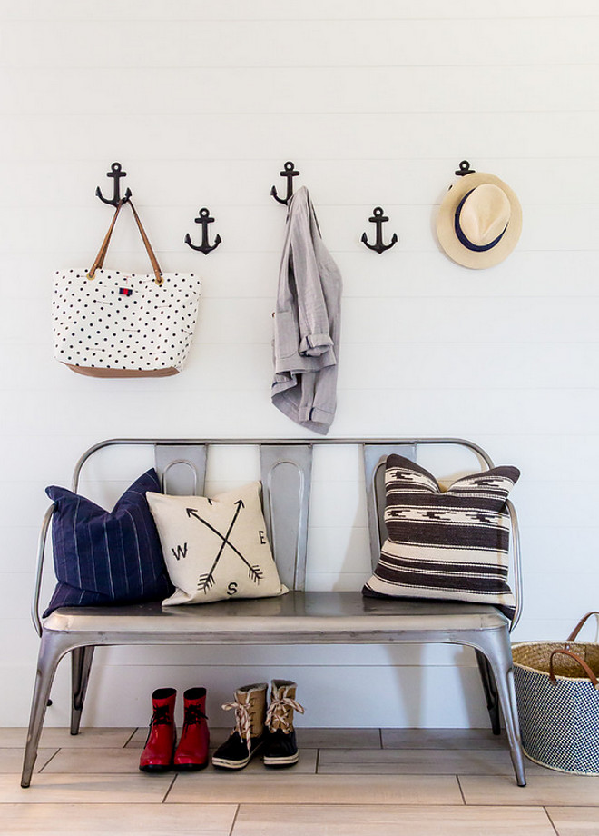 Anchor Hooks. Mudroom with shiplap walls and anchor hooks. #AnchorHooks #Anchor #Hooks Timberidge Custom Homes