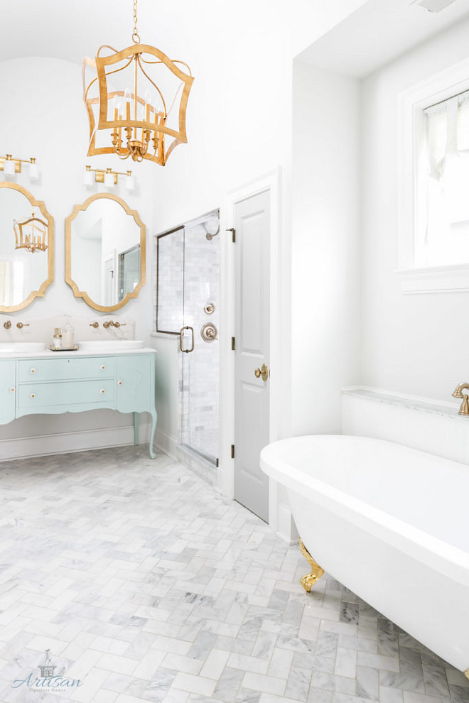 Aqua and gray bathroom. Aqua and gray bathroom. Grey bathroom with aqua vanity. #Aquabathroom #aquavanity #graybathroom Artisan Signature Homes. Interiors by Gretchen Black.