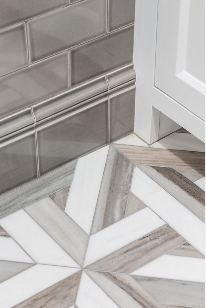 Bathroom Tile. Grey Mosaic Floor Tile with grey subway tile. Floor tile is from New Ravenna. #BathroomTile #GreyMosaicFloorTile #MosaicFloorTile #greysubwaytile Robert Frank Interiors