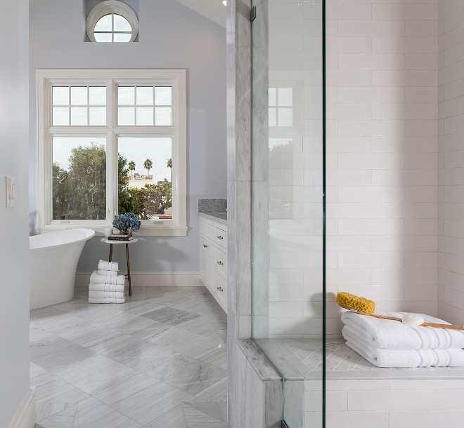 Bathroom tiling. A great combination of tiles can be found in this bathroom. Shower tile is undulated white subway tile. Bathroom floor tile and bathroom shower tile. The floor tile is Solto White Marble. #bathroomtiling #bathroom #tile #floortile #showertile Brandon Architects, Inc.