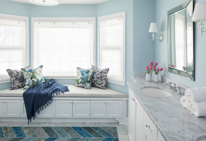 Benjamin Moore Polar Ice 1660. Blue bathroom paint color Benjamin Moore Polar Ice 1660. Benjamin Moore Polar Ice 1660 #BenjaminMoorePolarIce1660 #BenjaminMoorePolarIce #Bluebathroom #paintcolor #bluepaintcolor Martha O'Hara Interiors. Troy Thies Photography.