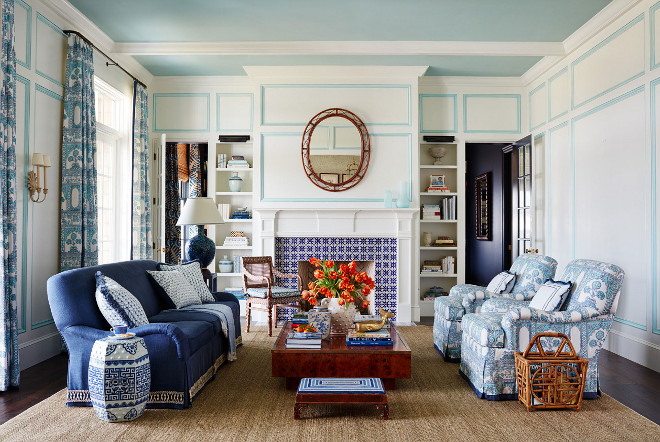 Blue and White Living room with aqua trim. Blue and White Living room with aqua trim and blue ceiling. #BlueandWhite #Livingroom #aquatrim #BlueandWhiteLivingroom #Blueceiling Andrew Howard Interior Design