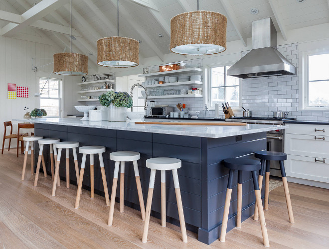 Blue and white kitchen. Blue and white kitchen ideas. Blue and white kitchen paint color. Blue and white kitchen design. The rattan drum pendants are Uttermost Burleson 3-light Natural Twine Drum Pendant. #Blueandwhite #Blueandwhitekitchen #Blueandwhitekitchenideas #Blueandwhitekitchenpaintcolor #Blueandwhitekitchendesign Krueger Architects