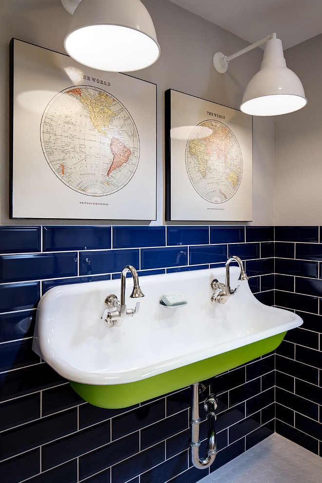 Boys bathroom with Indigo subway tile and Kohler Brockway Sink. Vintage inspired bathroom with a pop of color - indigo subyway tile. #Boysbathroom #Indigosubwaytile #KohlerBrockwaySink Tracy Lynn Studio.