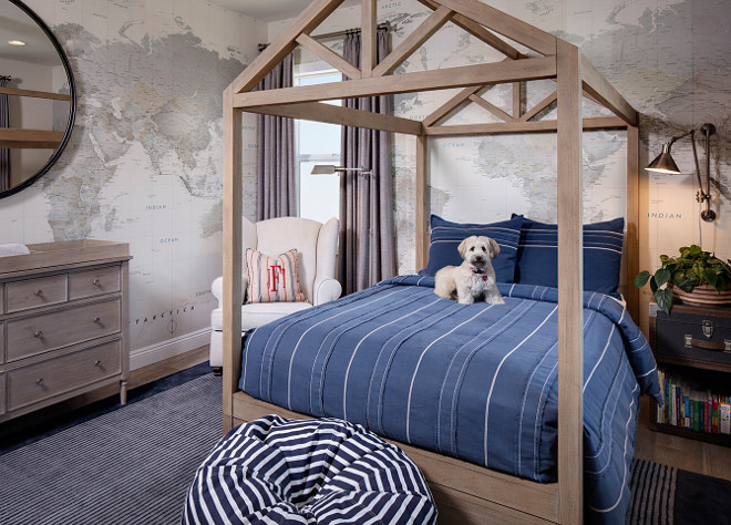 Boys Bedroom. Boys Bedroom with custom bed and map wallpaper. #BoysBedroom #mapwallpaper Tracy Lynn Studio