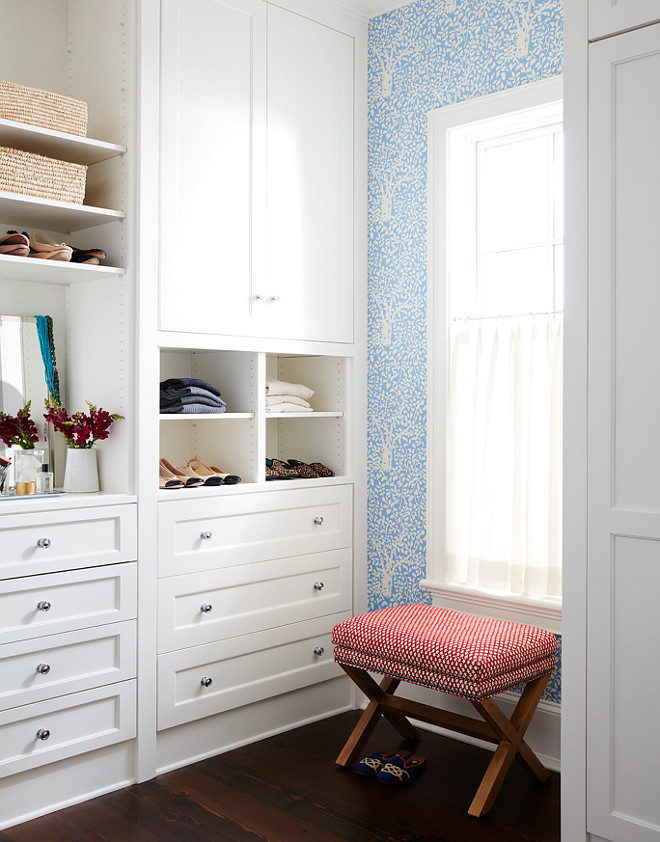 Closet. Walk in closet built ins painted in Benjamin Moore OC-17 White Dove. The closet built-ins are painted in "Benjamin Moore OC-17 White Dove". Andrew Howard Interior Design