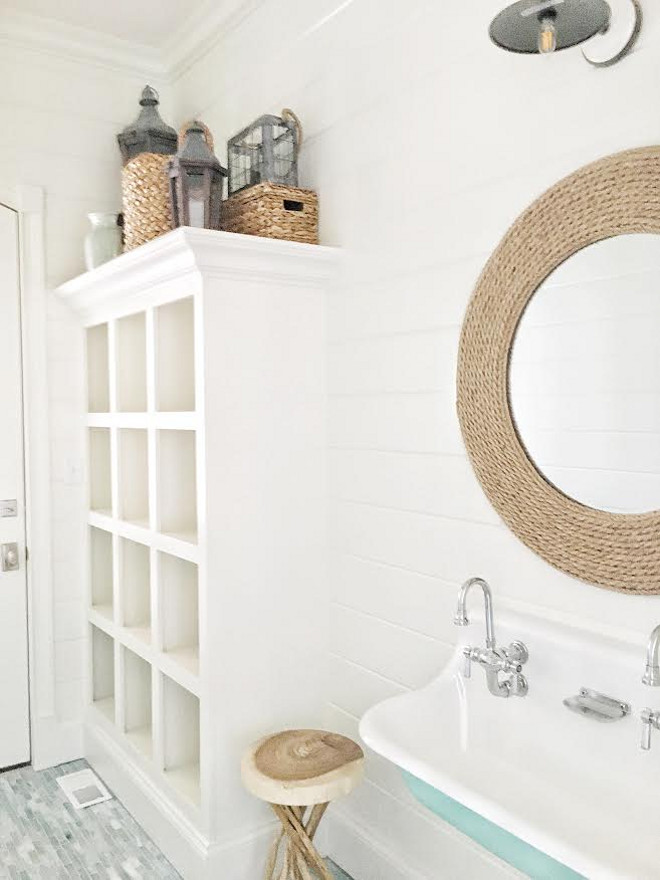 Coastal Bathroom with turquoise Kohler Brockway sink and rope mirror. #CoastalBathroom #turquoise #KohlerBrockwaysink #ropemirror Amy Studebaker Design