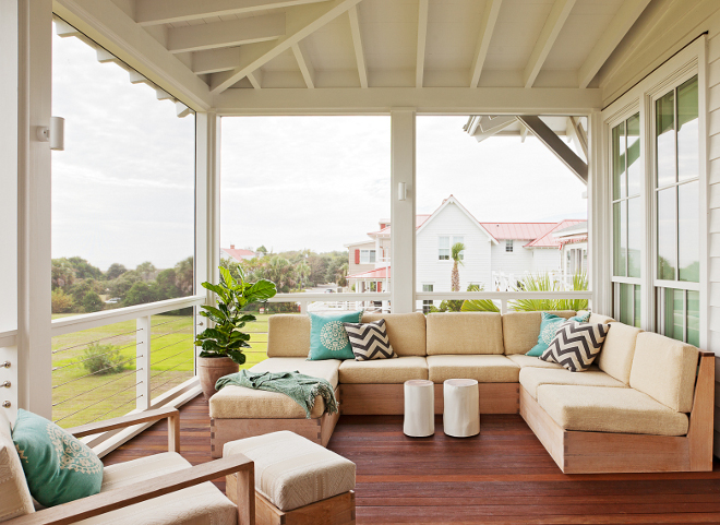 Exposed rafters porch. This porch features exposed rafters and steel cable railing. #Exposedrafters #porch #steelcable #steelcablerailing Beau Clowney Architects. Jenny Keenan Design