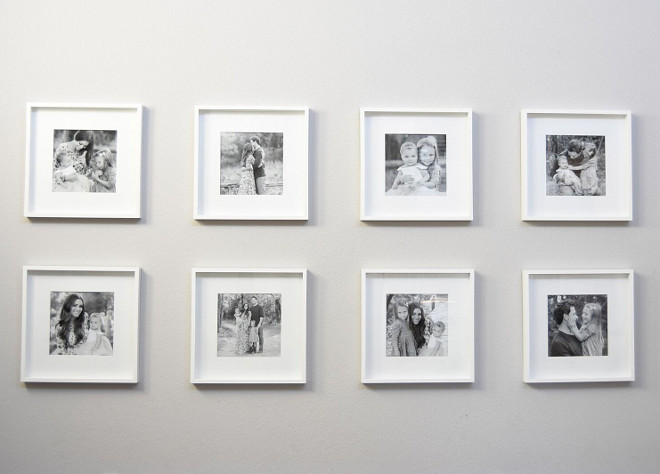 Family Photo Gallery. Creating a photo gallery brings personality and a welcoming feel to any home. Family Photo Gallery Ideas. Black and white photos with white frames. Family Photo Gallery #FamilyPhotoGallery #Photogallery Home Bunch's Beautiful Homes of Instagram Pillow Thought