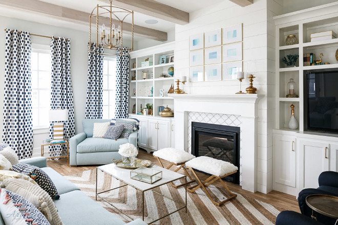 Family room. Family room with shiplap fireplace and brass accessories. #Familyroom
