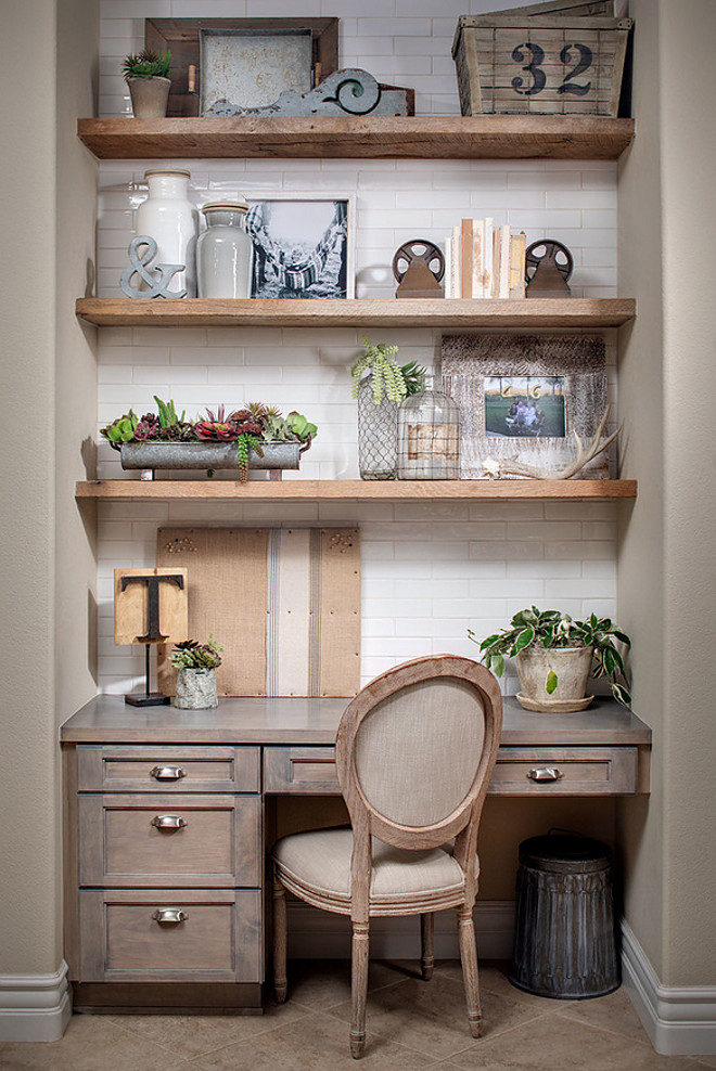 Farmhouse Kitchen Desk Area. Farmhouse kitchen desk area with greywashed cabinets, greywashed reclaimed shelves and subway tile backsplash. #FarmhouseKitchen #DeskArea #workstation Tracy Lynn Studio