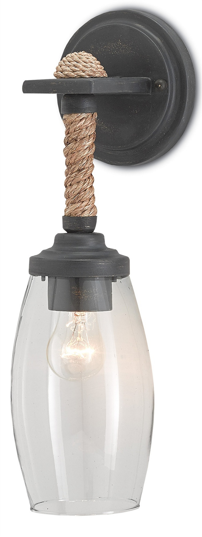 Currey & Co Hightider Wall Sconce. Farmhouse style lighting. Farmhouse interior lovers will love the simplicity of this sconce by Currey and Co. The perfect combination of natural materials and industrial textures, the Hightider Wall Sconce illuminates brilliant light through a blown glass shade. Its wrought iron metal frame is finished in French Black with a rope-wrapped hanging neck. Currey & Co Hightider Wall Sconce