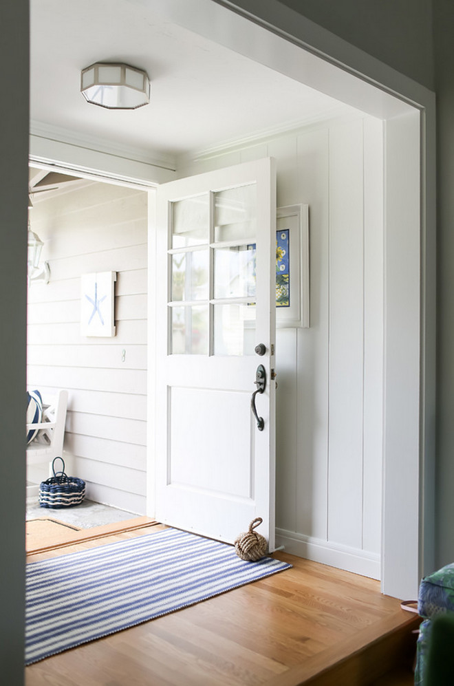 Half glass door. Half glass door Foyer ideas. Small Foyer with lite half glass door and vertical shiplap paneling. Half glass door #Halfglassdoor