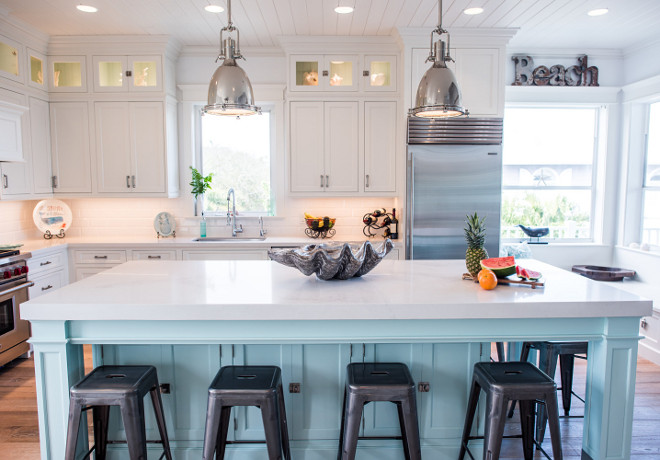 Coastal White Kitchen with Turquoise Island - Home Bunch Interior