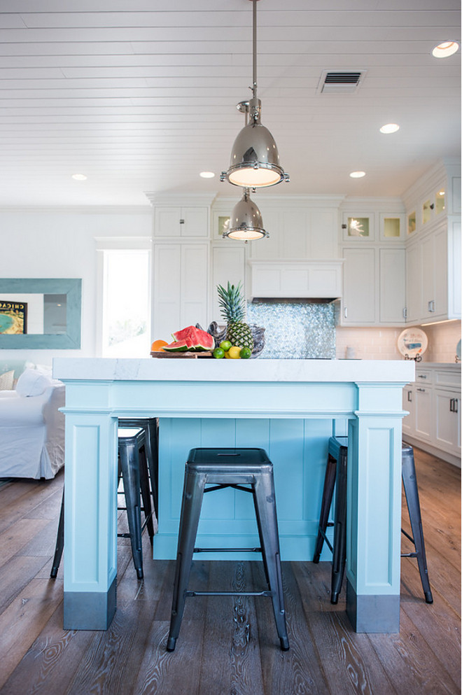 Coastal White Kitchen with Turquoise Island - Home Bunch Interior Design Ideas