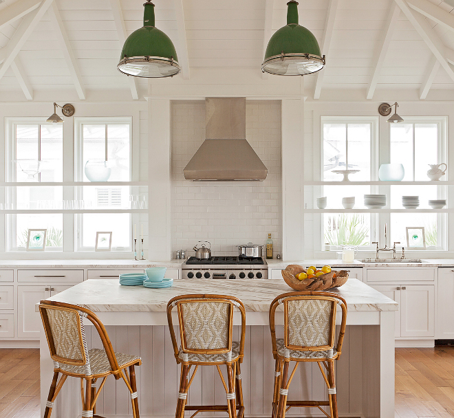 Kitchen Lighting. Deep green kitchen lighting. White kitchen with green lighting. Kitchen lighting are vintage reclaimed gymnasium lights made into pendant lights and hanging from rope. #Green #Greenpendants #kitchenpendants #kitchenlighting #lighting #kitchen #lighting #deepgreen #vintagelighting Beau Clowney Architects. Jenny Keenan Design