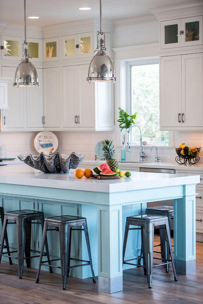 Coastal White Kitchen with Turquoise Island - Home Bunch Interior ...