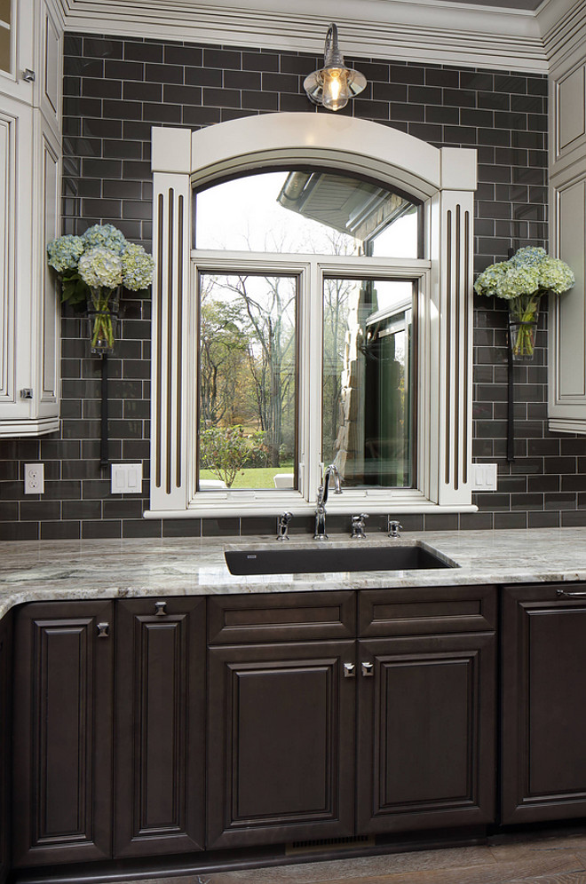 Kitchen Window. Farmhouse Kitchen Window. Farmhouse Kitchen Window with charcoal subway tile. Farmhouse Kitchen Windows are by Pella Windows. Farmhouse kitchen window with Interglass Shimmer ceramic tile. #Farmhouse #kitchenwindow #farmhousekitchenwindow #InterglassShimmerceramictile #ceramictile Barrington Homes Inc.