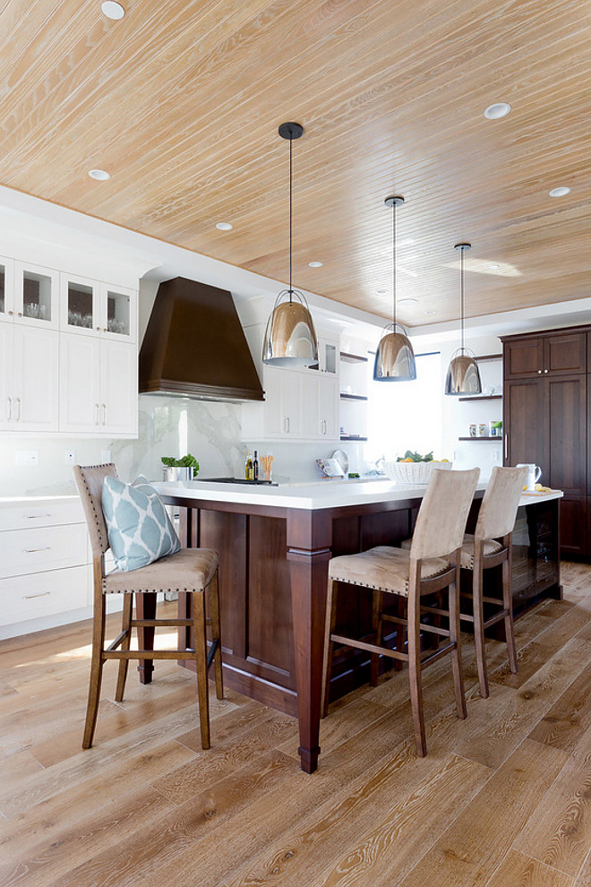 Kitchen with white oak plank floors and white oak beadboard ceiling. Flooring is European White Oak. #Kitchen #whiteoakplankfloors #whiteoakbeadboardceiling #whiteoak #beadboardceiling Denton Developments